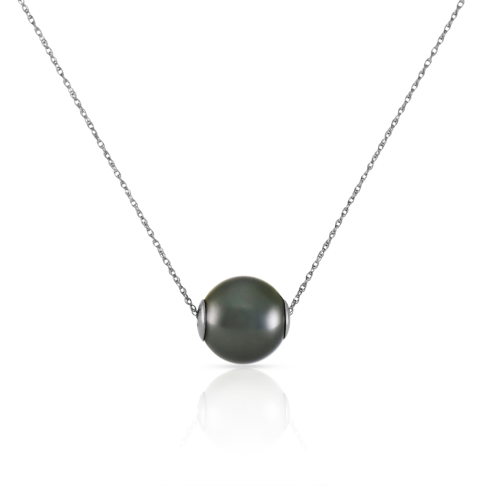 14K. SOLID GOLD NECKLACE WITH 16.0 mm BLACK SHELL PEARL (White Gold)